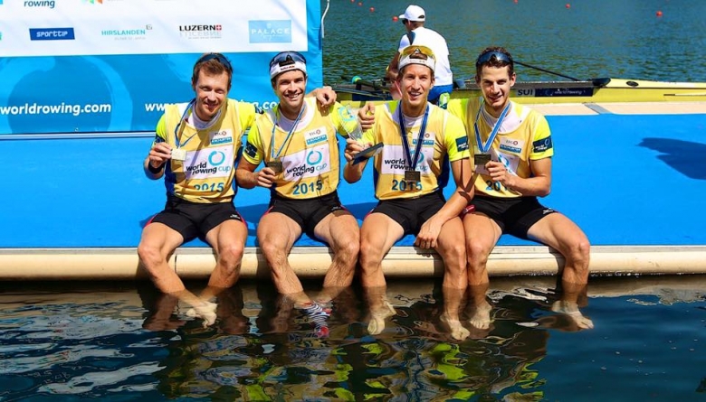 Lucas Tramèr, rameur de Team Genève, après la dernière étape de Coupe du monde d'aviron. Le quatre sans barreur poids léger a décroché la médaille d'or!